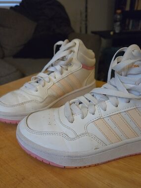adidas Kids White and Pink High-Top Sneakers